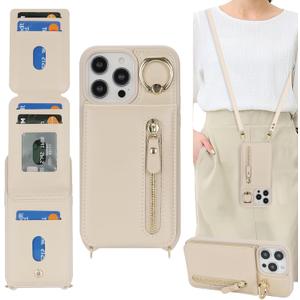 for iPhone 14 pro max Case with Card Holder for Women, for iPhone 14 pro max Phone Case Wallet with Strap Credit Card Slots Crossbody with Kickstand Zipper Case - Warm White