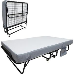 Folding Bed with Mattress for Adults, 75" x 31" Portable Rollaway Guest Beds on Wheels, Foldable Metal Frame Bed with 5" Memory Foam Mattress & Side Storage Pocket for Office, Bedroom, Space Saving