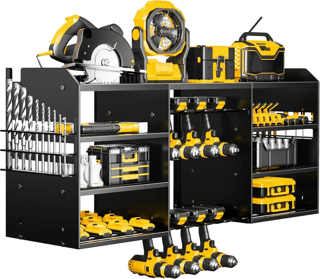 Large Power Tool Organizer Wall Mount, 4 Layer Heavy Duty Drill Holder, Metal Cordless Drill Storage for 8 Drills, Black Utility Racks for Garage and Workbench
