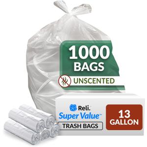 Reli. SuperValue 13 Gallon Trash Bags | 1000 Count Bulk | Tall Kitchen | Can Liners | Clear Multi-Use Garbage Bags