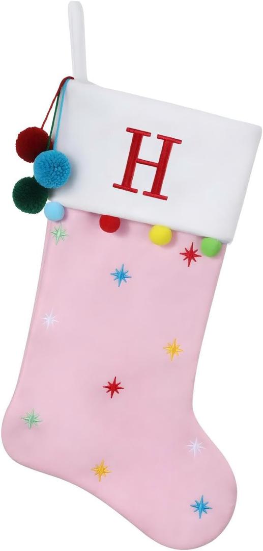 2 x 19 Inch Personalized Monogram Initial Christmas Stocking, Embroidered Fleece Stockings with Stars & Pom Poms, Holiday Fireplace Decor for Xmas Party,Festive Gift- Letter H (Pink)