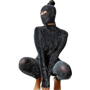 Atyfuniby Women's Sexy Bodycon Jumpsuits See Through Sparkly Long Sleeve Backless One Piece Outfits Clubwear (Black, S)