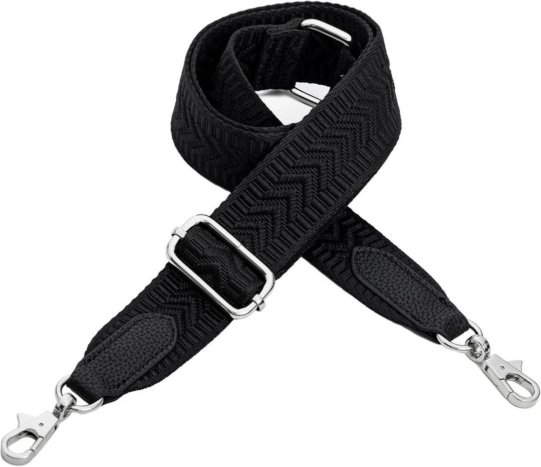Purse Strap Replacement Crossbody, 1.5 in Wide Embroidered Canvas Shoulder Strap for Handbags & Purses, Adjustable Length, Black (Silver Hardware)