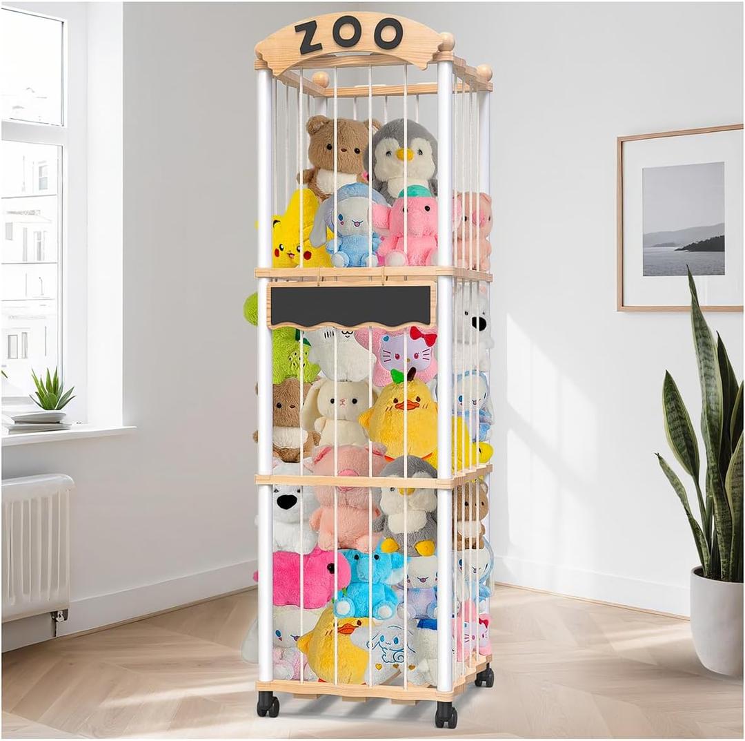 handrong Stuffed Animals Storage,Wood Stuffed Animal Holder Organizer,120+ Plushies Stuffy Storages,3-Tier Toy Storages Organizer Shelf Tower for Nursery Playroom Kidroom Living Room (Natural)