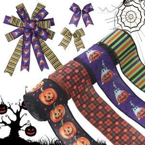 ZAWE 4 Rolls Halloween Ribbon 2" 20 Yards Stripes Evil Pumpkins Cute Ghosts Bats Wired Edge Ribbon for Home Bow Wreath DIY Craft Gift Wrap Fall Party Decorations
