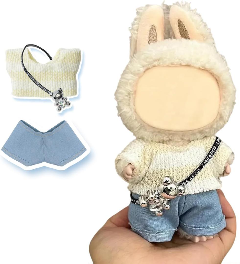 17cm Doll Clothes(NO Doll), Cute Dolls Outfit Accessories with Sweater + Denim Jeans + Pants, Small Kawaii Clothes Set for Dolls(Style 4)