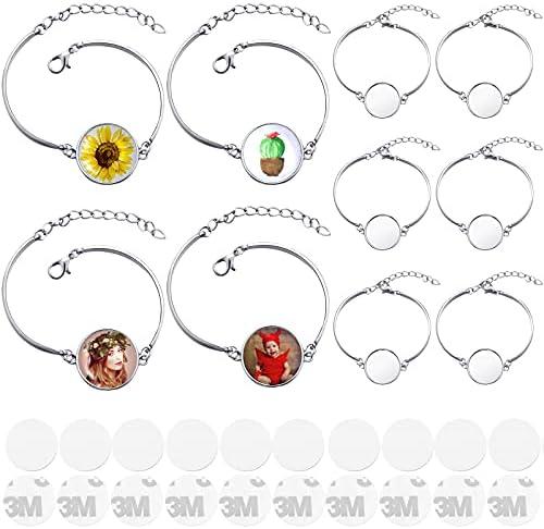 10 Pieces Sublimation Round Bracelet Trays Blank Base Bracelets with 10 Heat Transfer Round Blanks and 10 High Temperature Glues for DIY Bracelet Handicrafts Decors
