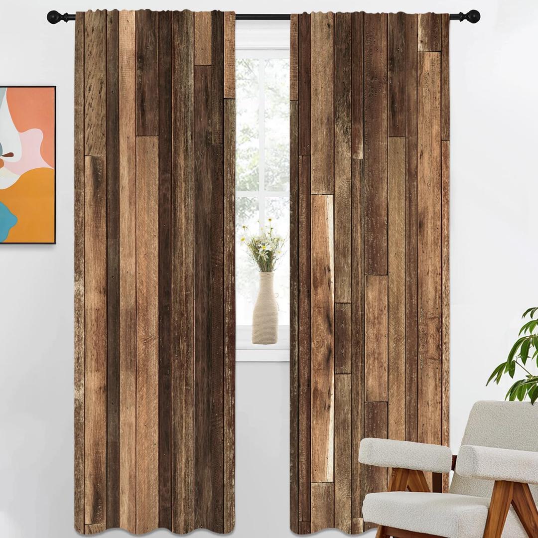 Brown Western Curtain 42" W x 84" L Long Farmhouse Antique Rustic Wood Barn Door Country Farm Wooden Men Board Rod Pocket Living Room Bedroom Window Drapes Treatment Fabric, 1 Pair