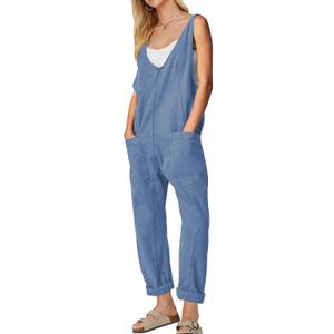 EXLURA Women Summer High Roller Denim Jumpsuits Casual Loose Beach Vacation Trendy Fashion Overalls Jeans Romper Pockets 2025 (Small, Denim Light Blue)