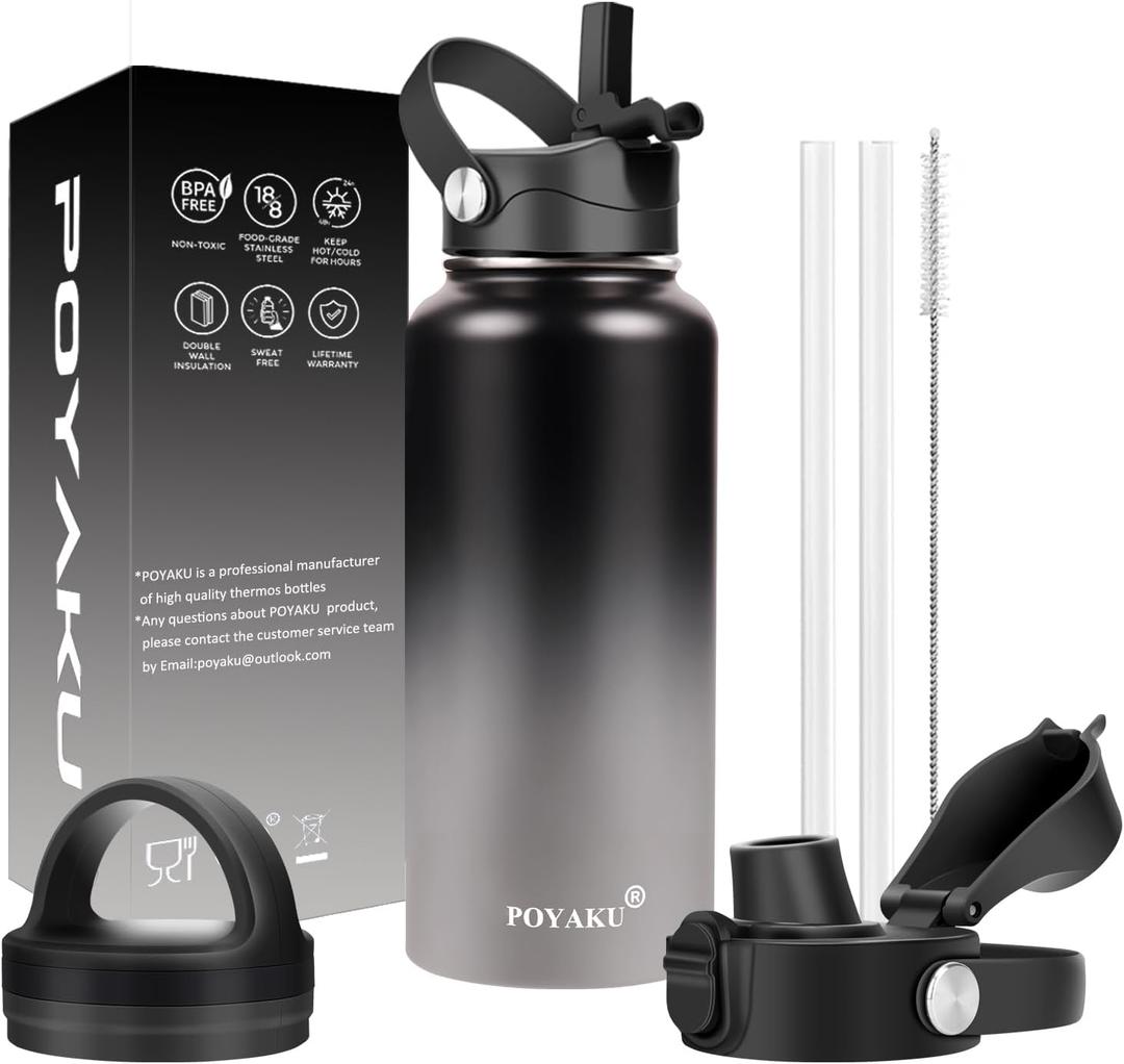 Water Bottle Insulated 32oz 40oz 64oz 128oz Straw Lid Spout Lid & 3 Lids, Leak Proof, Vacuum Insulated,Stainless Steel Water Bottle Wide Mouth for Sports, Gym or Office (Shadow)