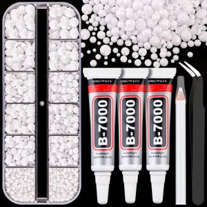Resin Rhinestones for Crafting with B7000 Jewelry Glue, 1 Box White Flatback Crystals with 3Pcs 10ml Glue for Bedazzling Crafts DIY Nail Art MakeupNon Hotfix Gems for Clothing Shoes