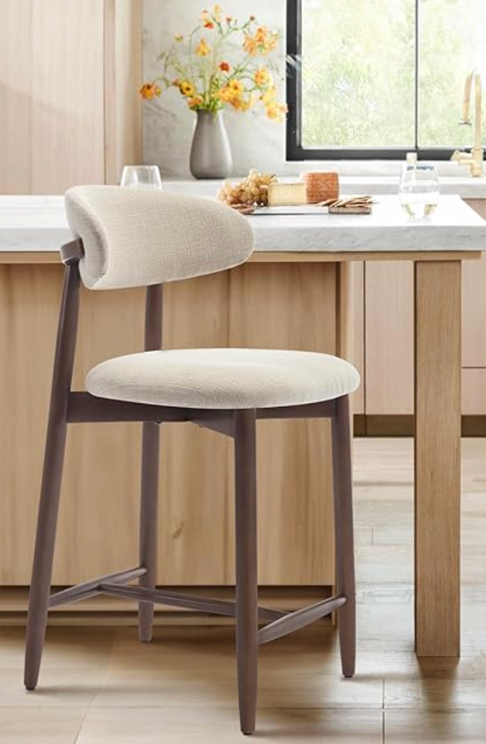 COLAMY Bar Stool, Counter Height Bar Stool, Upholstered Counter Stool with Wood Legs for Kitchen Island Dining Room Bar, Beige, 1 Stool