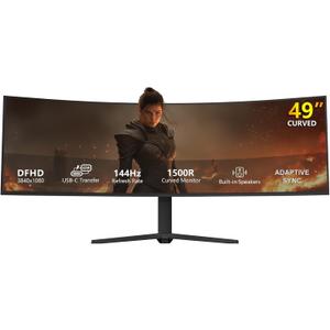 49 Curved Gaming Monitor, USB-C 65W, 144Hz Ultrawide, Built-in Speakers, DP, HDMI, PIP/PBP, 32:9 Dual FHD 3840x 1080P, Tilt/Swivel/Height Stand, R1500 Curve PC Monitor