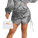 Women's Sexy Button Down Shirts Loose Collar Long Sleeve Ruched Silk Cloth Night Out Club Mini Wrap Dress Drawstring (Large, Grey)