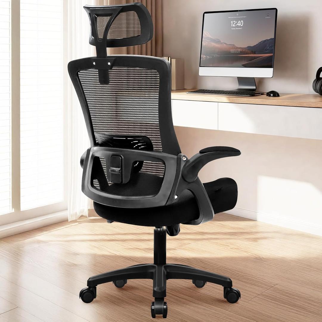 NEO CHAIR Office Desk Chair Computer High Back Mesh Gaming Seat with Ergonomic Adjustable Comfy Flip-up Armrests Lumbar Support Height for Home (Headrest Black)