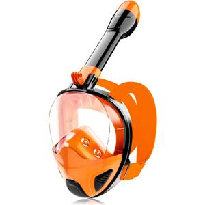 Full Face Snorkel Mask for Adults Teen, Snorkeling Gear with Detachable Camera Mount, Panoramic 180 View, Anti-Fog Anti-Leak Snorkling Set for Man and Women (Black Orange-L/XL)