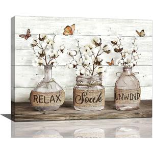 Tijuboni Farmhouse Bathroom Decor Wall Art Rustic Cotton Flower Pictures Canvas Prints Country Relax Soak Unwind Bathroom Sign Butterfly Artwork Modern Home Decor Ready to Hang 12"x16"
