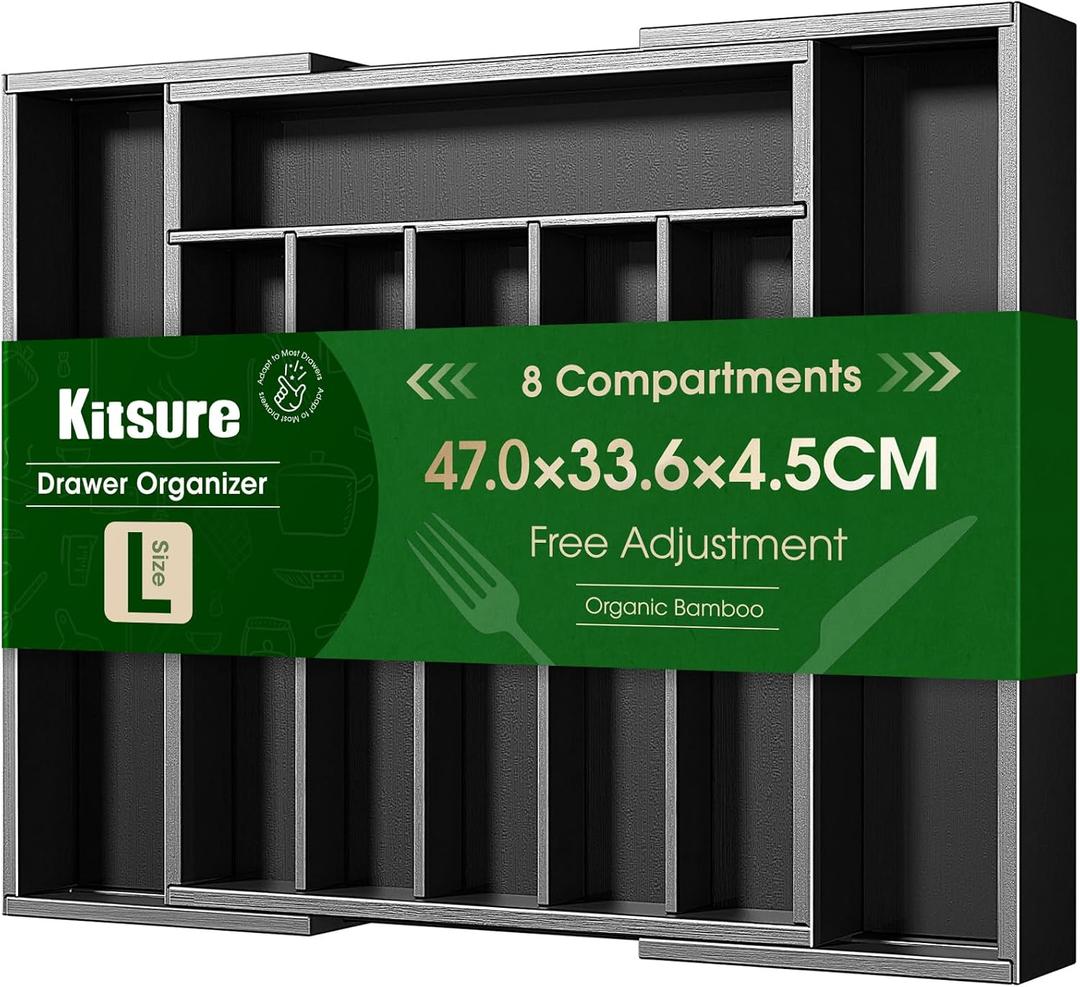 Kitsure Silverware Organizer - Expandable Bamboo Kitchen Drawer Organizer for Cooking Utensils and Cutlery, Sturdy & Thickened Kitchen Organizers and Storage Solution, Large, Black