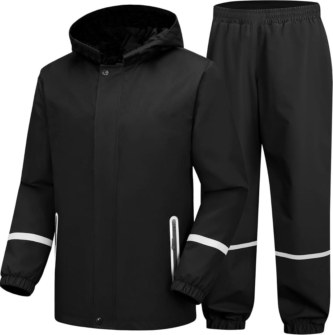 SWISSWELL Kids Rain Suit Boys Girls Youth Waterproof Rain Gear Breathable Reflective Raincoat and Pants Black 2XL