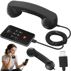 Retro Phone Handset, Retro Telephone Handsets Style Type-C Port, HD Retro Landline Handle Receiver for Home or Office Mobile Video Conferences, HD Calls, Volume Control, Plug and Play