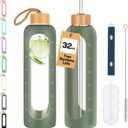 Glass Water Bottles 32 oz - Motivational Drinking Glass Water Bottle with Silicone Sleeve, Straw & 2 Bamboo Lids - 1 Liter Clear Borosilicate Daily Intake Tumbler with Time Marker - Olive