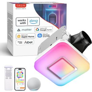 OREiN Matter Smart Bathroom Exhaust Fan with Light (No Speaker), 110 CFM Quiet Bathroom Vent Fan, 2700K–6500K, DIY RGB Lighting, Voice/App/Remote Control, Works with Alexa, Google & Apple Home