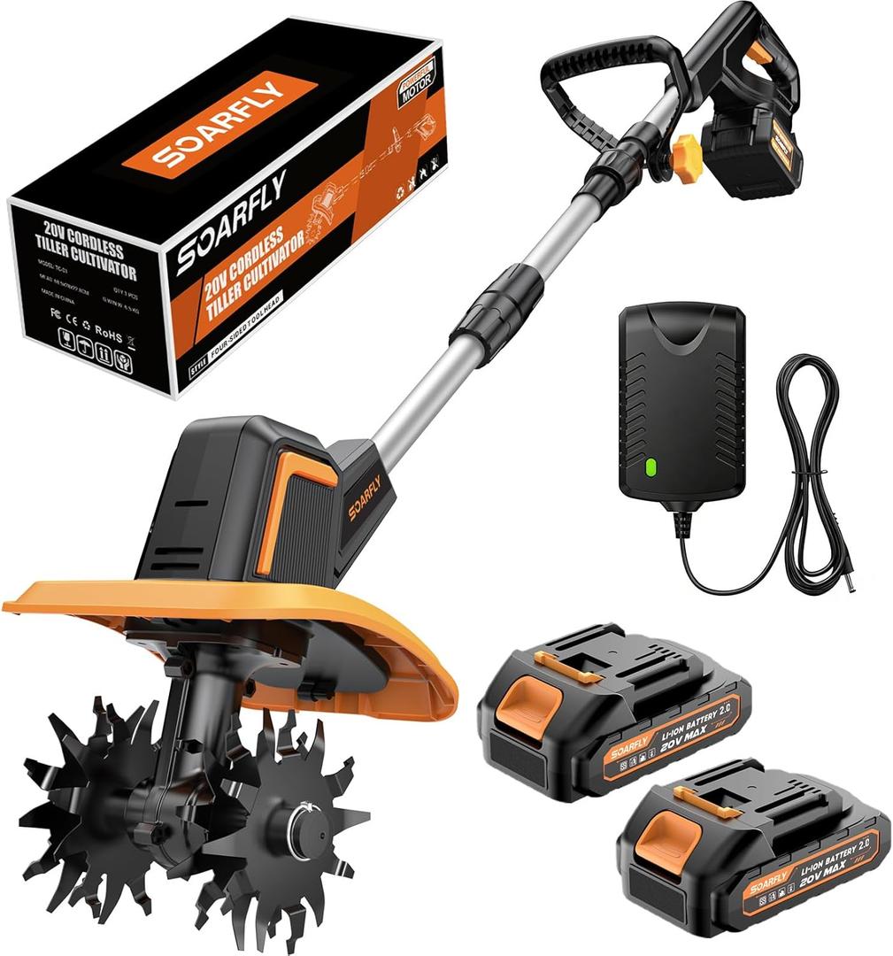 SOARFLY Upgraded Cordless Tiller for Gardening with Dual 2.0Ah Batteries, 48 Steel Tines Battery Rototiller, 9" Width 6.6" Depth Garden Tiller Cultivator for Soil, Tending & Composting (Orange)