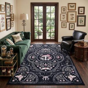 Garvee Mushroom 5x7 Area Rugs for Living Room, Dark Academia Gothic Rug, Non Slip Animal Print Washable Rugs 5x7 Low Pile Bedroom Bug Carpet with Rubber for Playroom Dining Room Office, Black and Pink