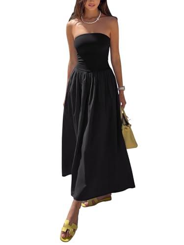 REORIA Women's Summer Tube Top Maxi Dress Sexy A Line Flowy Wedding Guest Long Dresses with Pockets (Black Onyx, Medium)