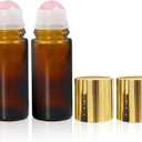 Warmify2 Pack Rose Quartz Roller Bottles for Essential Oils, 50ml Refillable Amber Glass Roll On Bottles with Natural Crystal Roller Balls, Leak-Proof Travel Perfume Bottle with Gold Caps