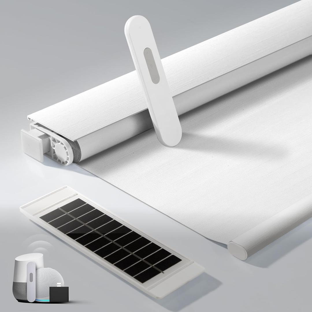 No Drill Motorized Blinds with Remote, Blackout Automatic Blinds with Solar Panel, Cordless Smart Electric Roller Shades for Windows, White, 30 x 72