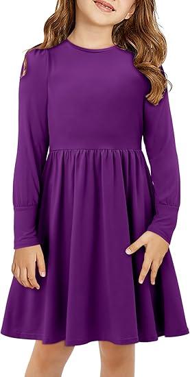 Girls Dress Long Sleeve Ruffle Elegant Flowy Swing Dresses with Belt 4-13 Years, XXL