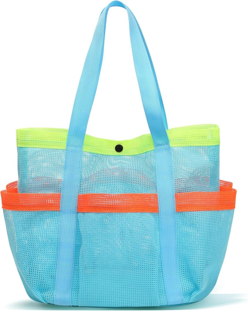 Mesh Beach Bag, Foldable Waterproof Sandproof Beach Storage Tote with 6 Pockets, Swim Tropical Vacation Pool Essential (Blue)