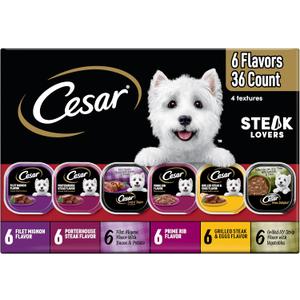 Cesar Wet Dog Food Steak Lovers Variety Pack, Adult, Wet Food for Dogs with Real Meat, 3.5 oz Easy Peel Trays, 36 CountbBBD 06/2027