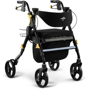 Medline Premium Empower Folding Mobility Rollator Walker with Memory Foam Seat, Black, 300 lb. Weight Capacity, 8” Wheels, Cupholder,Rolling Walker for Mobility Impairment, Adjustable Handles