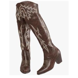 Cowboy Boots for Women Over the Knee Western Boots Embroidery Cowgirl Pull-On Pointy Toe & Wide - Plus Size Retro Comfortable Walking Lightweight Running Standing All Day Trending Fashion, Size 38/7.5