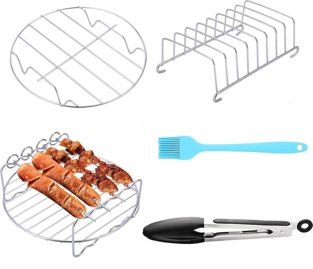 SIK Air Fryer Accessories 5PCS for GoWISE COSORI Philips Ninja Air Fryer, Fit 3.2- 5.8QT Deep Hot Air Fryer with Skewer RackMetal Holder, Toast Rack, Oil Brush, Food Tong, Dishwasher Safe BPA Free