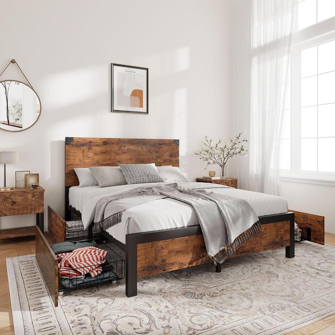 Garvee Bed Frame Full Size with 4 Storage Drawers, Vintage Wood and Metal Platform Bed with Headboard and Large Storage Space, No Box Spring Needed, Noise Free