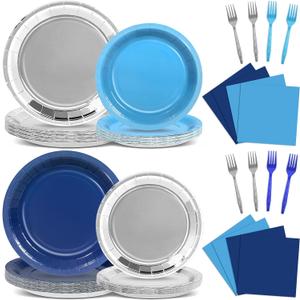 96Pcs Navy Blue and Silver Birthday Party Decorations Blue and Silver Paper Plates and Napkins Sets Navy Tablewares Dinnerwares for Men and Boys Birthday Baby Shower Party Supplies Favors 24 Guest
