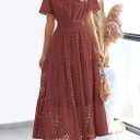 PRETTYGARDEN Womens 2026 Summer Maxi Dress Short Sleeve V Neck Hollow Out Eyelet A Line Long Flowy Beach Vacation Dresses (Silver, L)