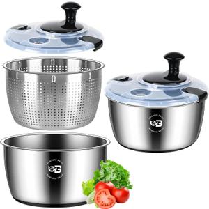 5.3 Qt Stainless Steel Salad Spinner, BOMANSI BOMS Vegetable Spinners, Lettuce Spinner, Fruit Washer, Large Salad Spinners, Dishwasher Safe, 304 Stainless Steel Bowl & Basket (Black)