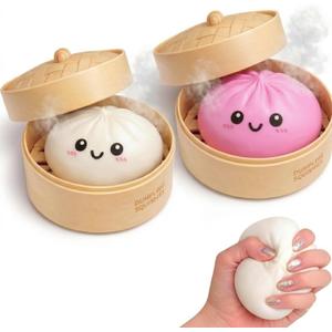 Dumpling Squishy Mystery Box 2 Pcs - 2026 Upgraded Dumplings Squishes for Adults Teens Squeeze Easter Basket Stuffers & Stocking Stuff Smiling Pink and White