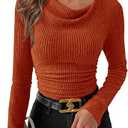 PRETTYGARDEN Women's Long Sleeve Cowl Neck Ribbed Knit Spring Shirts Slim Fit Ruched Going Out Crop Tops Basic T-Shirts Medium