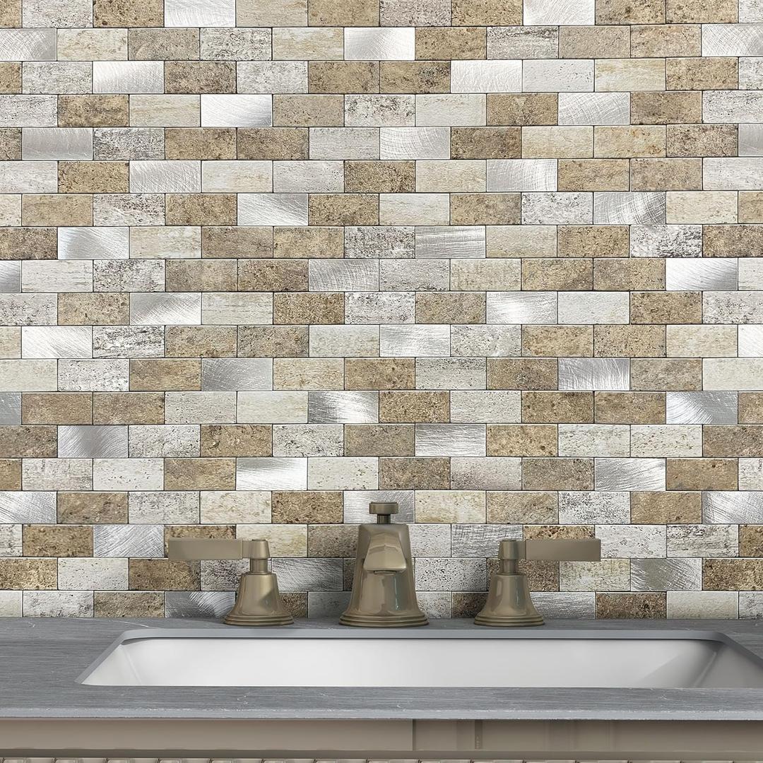 Peel and Stick Brick Backsplash for Kitchen,Back Splash for Bathrooms Walls Tiles Waterproof(10sheets,Castle Brown)