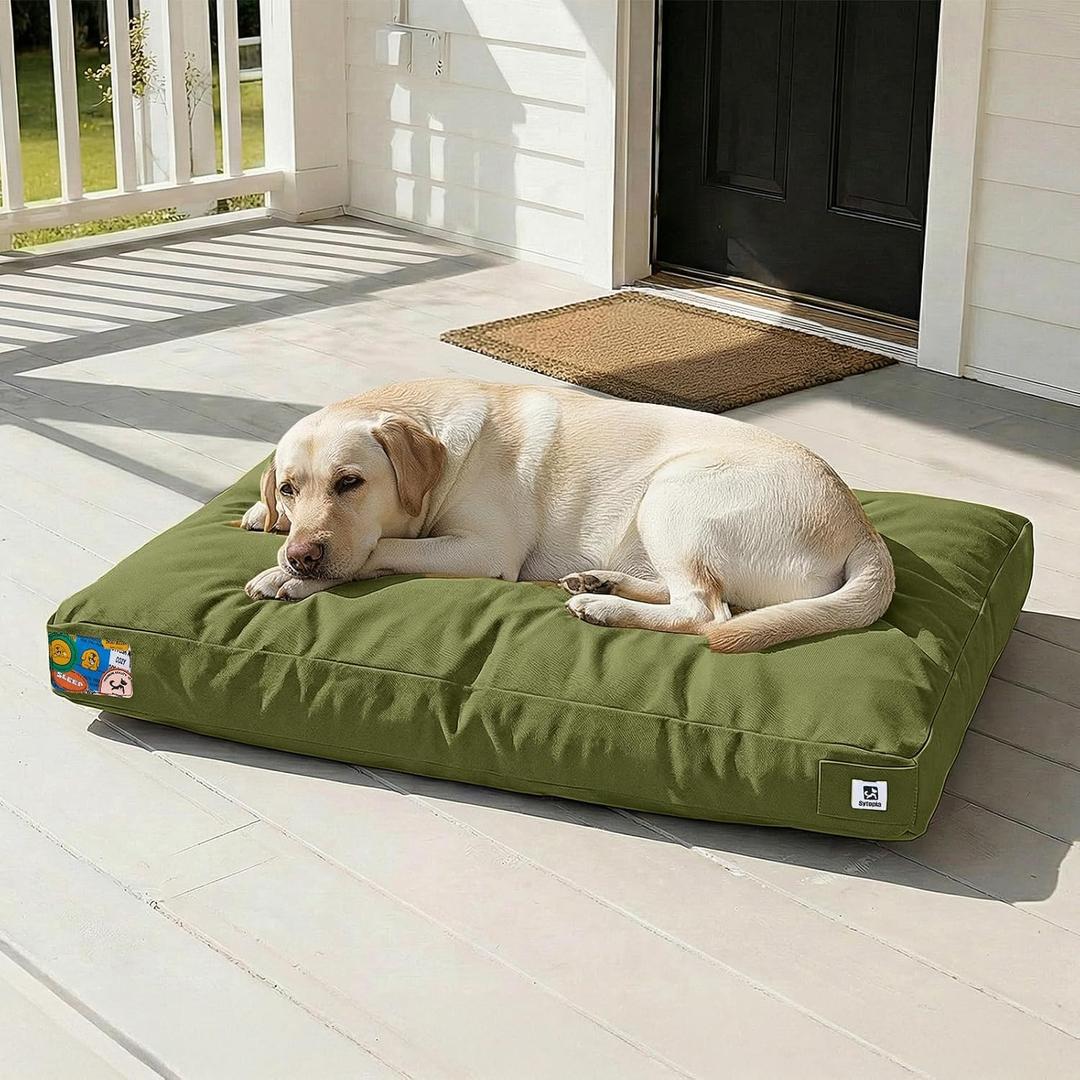 42 Inch Indestructible Dog Bed for Aggressive Chewers, Chew Proof Durable Outdoor Canvas Pet Crate Mat with Waterproof Washable Removable Cover, Indoor Patio Pet Pad for Crate, Green
