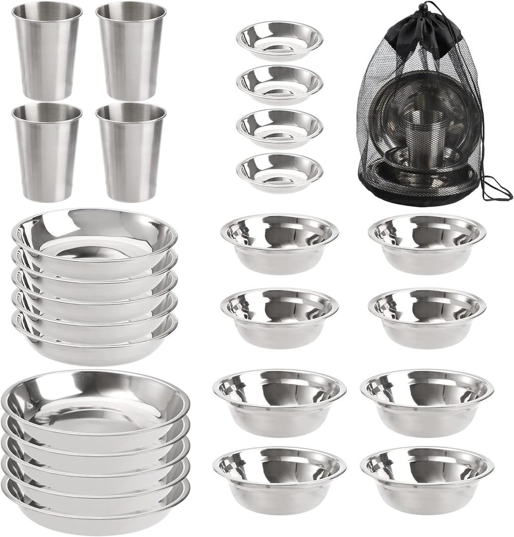 TOPZEA Set of 26 Stainless Steel Camping Plates and Bowls, Camping Mess Kits Camping Dish Set Tableware includes Plates, Bowl, Cups, Stainless Steel Dinnerware for Camping, Hiking, Travel, Picnic