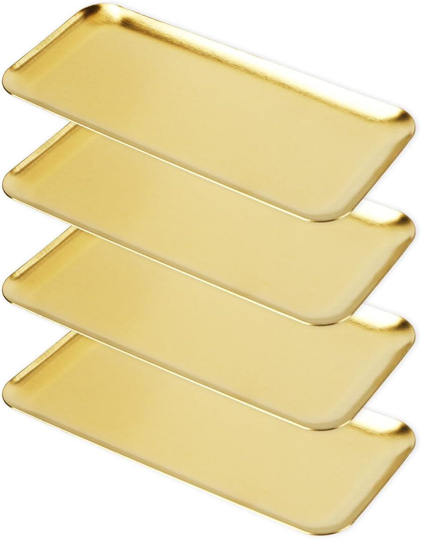 4PCS Stainless Steel Serving Trays Gold Trays for Decor 8.66 X3.82 Inches Rectangle Serving Vanity Tray Small Jewelry Makeup Decorative Storage Platter for Party Buffet Sushi Snack Tea Fruit