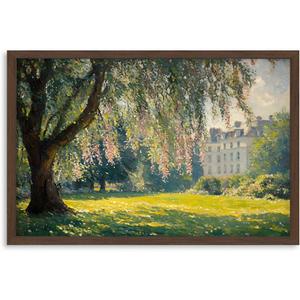 Framed Landscape Wall Art Print Vintage Impressionist Style Canvas with Tree, Flowers, and French Building Decorative Artwork for Living Room, Bedroom, or Home Office Decor, 24x16 Inch