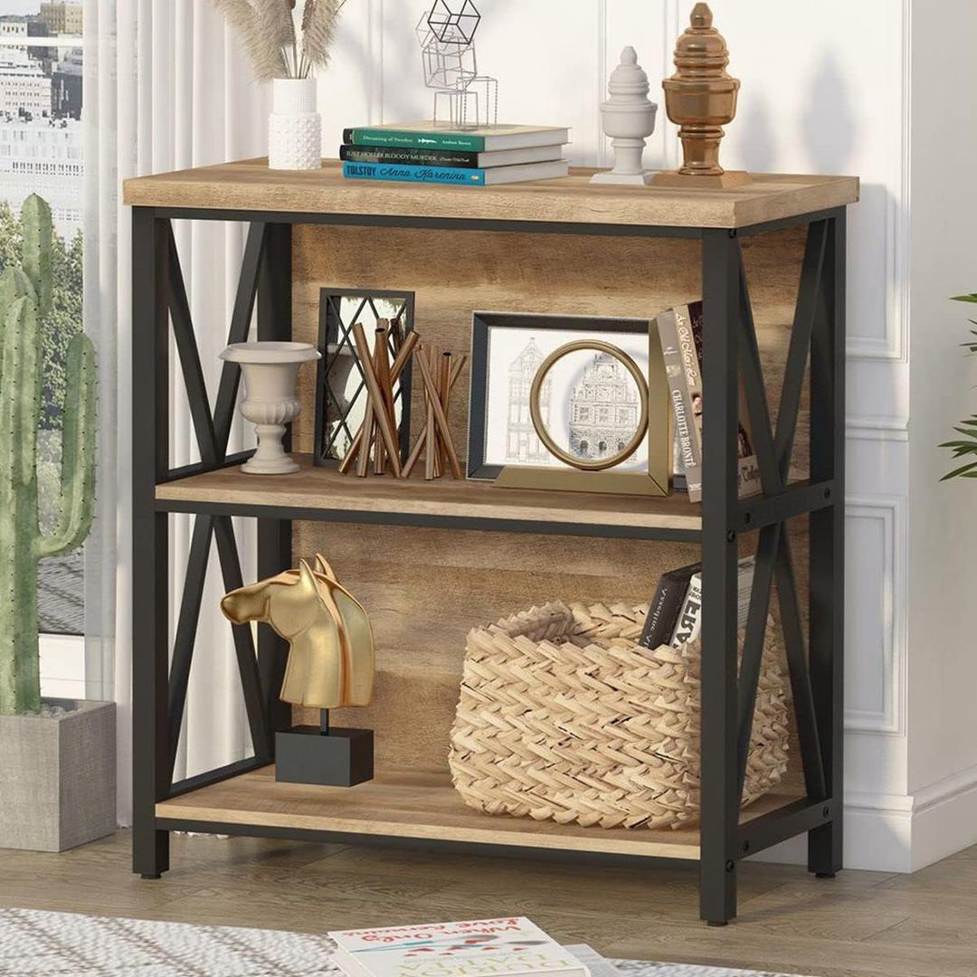 FATORRI Small Bookcase, Wood and Metal Low Short Bookshelf, Industrial Book Case and Rustic Book Shelf for Small Space (Rustic Oak), Without Drawer