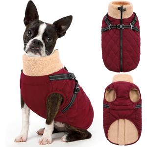 Queenmore Dog Winter Jacket, Dog Coats for Large Dogs, Warm Cozy Pet Jacket Winter with Harness Built in, Waterproof Pet Snow Jacket, Thick Fleece Lining Snowsuit for Large Dogs, Burgundy L